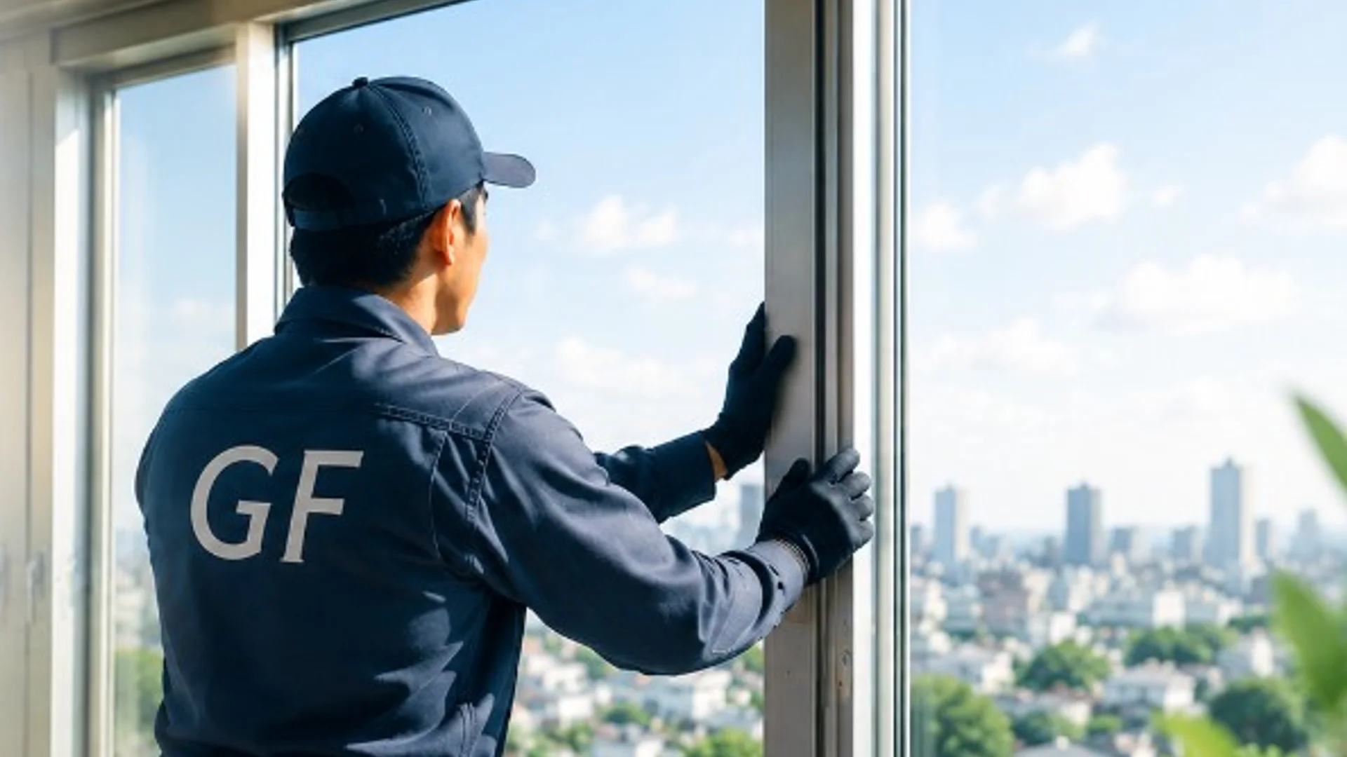 窓の施工現場で作業する職人（後ろ姿）